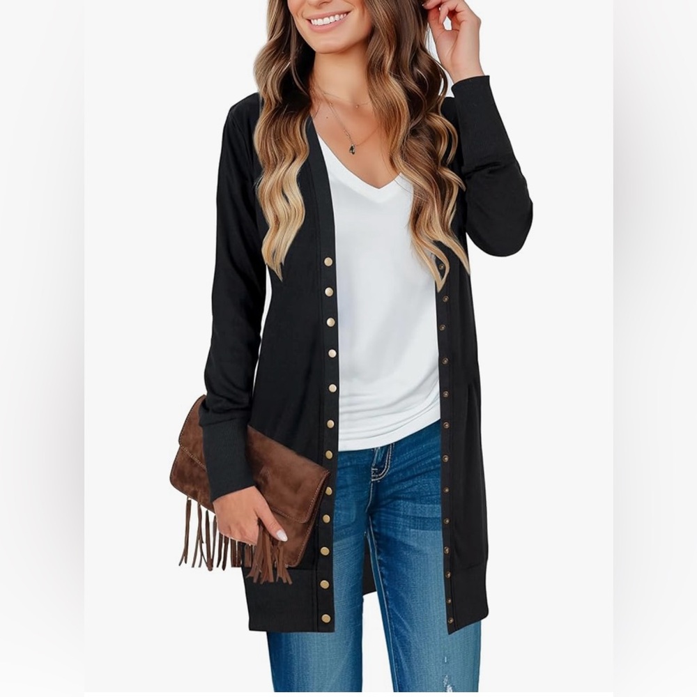 Snap Button Down Ribbed Cardigan Black Size S - Picture 2 of 10